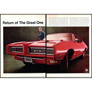 1968 Pontiac GTO Coupe 2 Page Vintage Print Ad Return of the Great One Wall Art